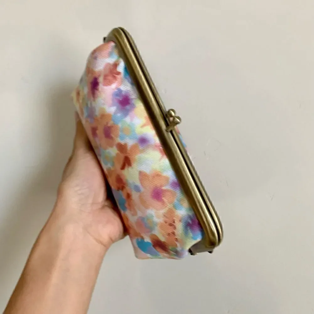 Handmade Genuine Leather Floral Print, Metal Frame Small Clutch/Cosmetic Case